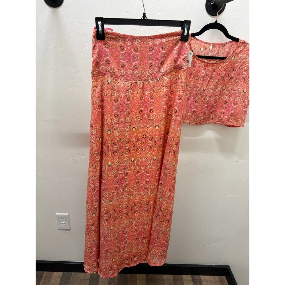 Free People Candy Combo Pink Orange Paisley Crop Top & Maxi Skirt Set Size 0 NWT